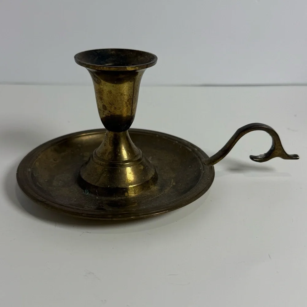 Vintage Brass Chamberstick Candle Holder Thumb Rest Finger Hole Drip Pan Patina